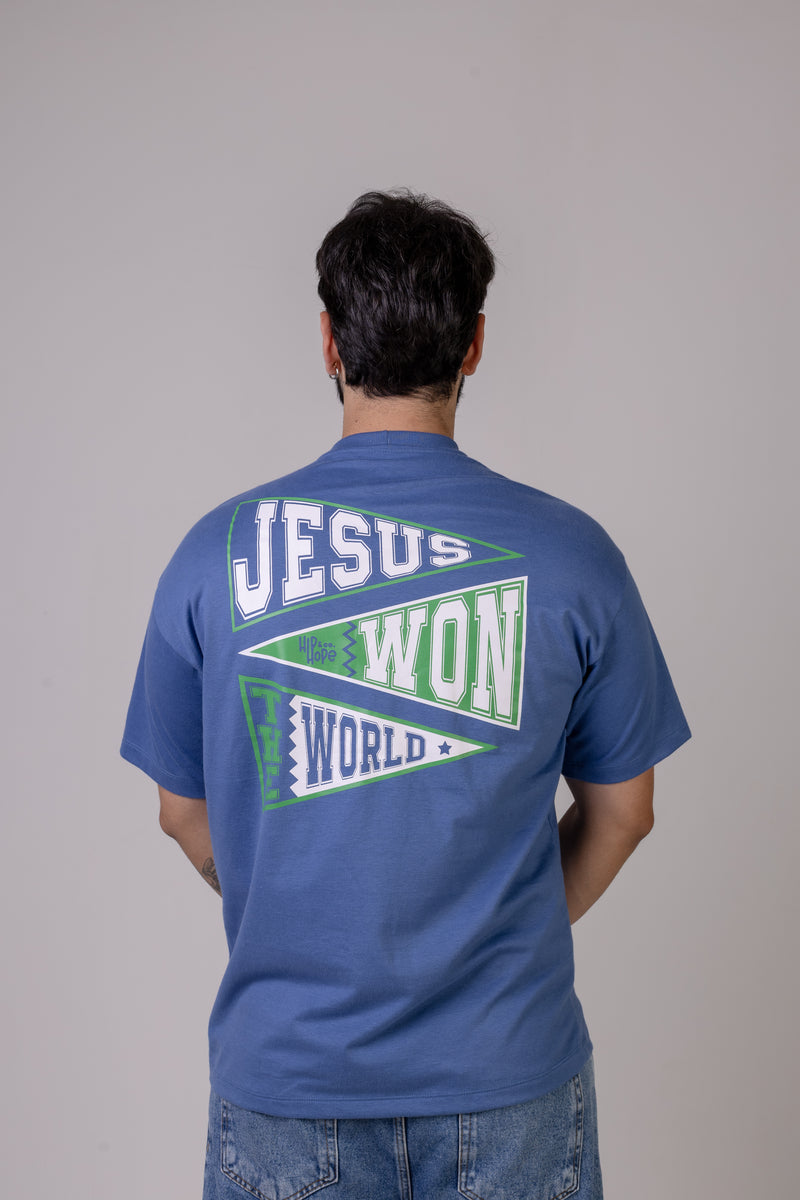 Camiseta Oversized "JESUS WON" Azul